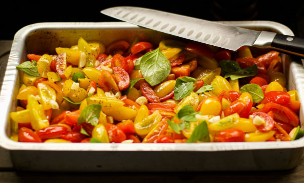 A baking tray full of vegetables