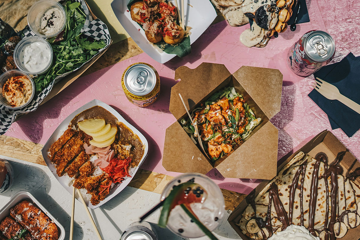 A table full of takeaway packaging